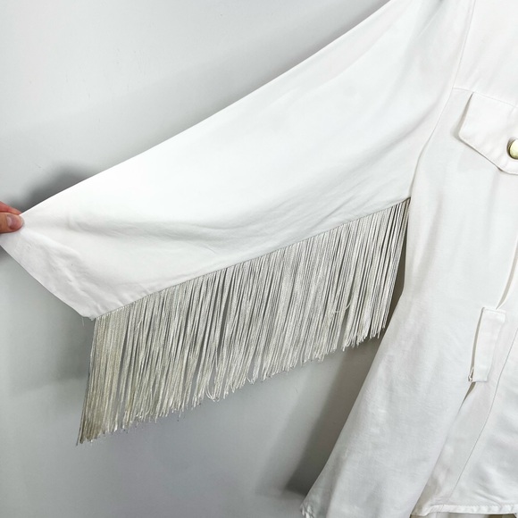Vtg 80s 90s white power shoulder fringe sleeve military western peplum jacket 3 - Picture 13 of 17